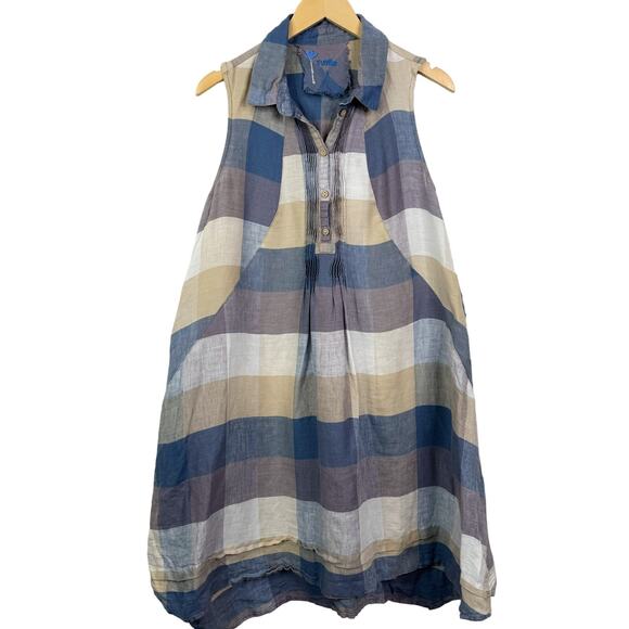 Yuvita Chambray Sleeveless Pintuck Plaid Linen Dress Lagenlook Blue Size S $148 - Picture 1 of 11